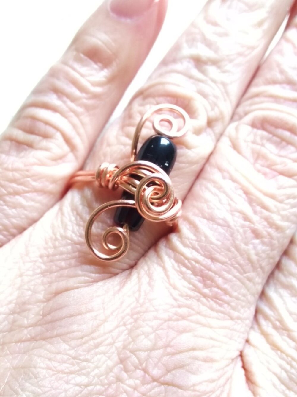 Feminine Energy Grounding Stability: Wire Wrapped Black Agate & Copper Ring Sz 9